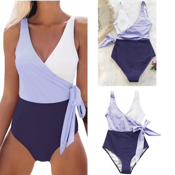 NWT Women's One Piece Swimsuit Wrap Color Block Tie Side Bathing Suit SIZE M - Picture 3 of 17